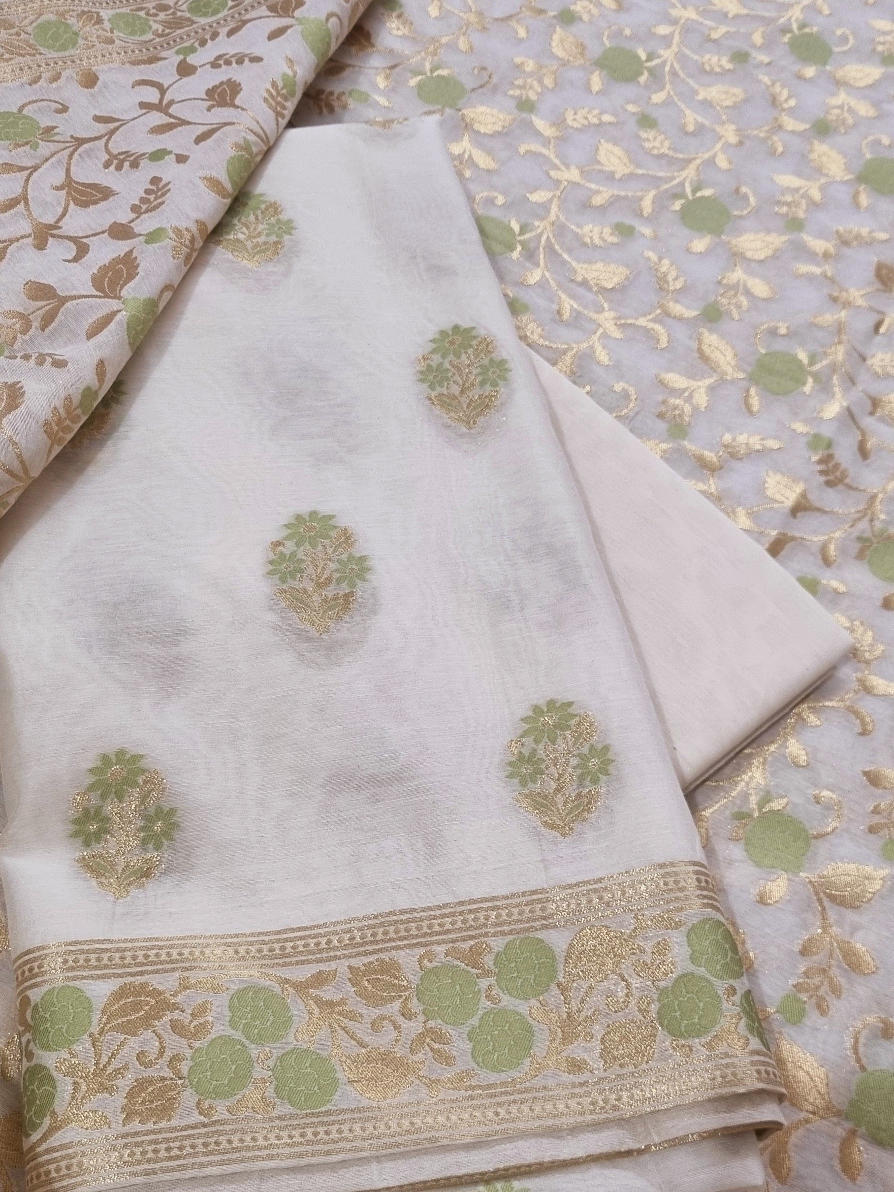 Banarasi woven Chanderi silk kurta fabric with green motifs – fabric detail
