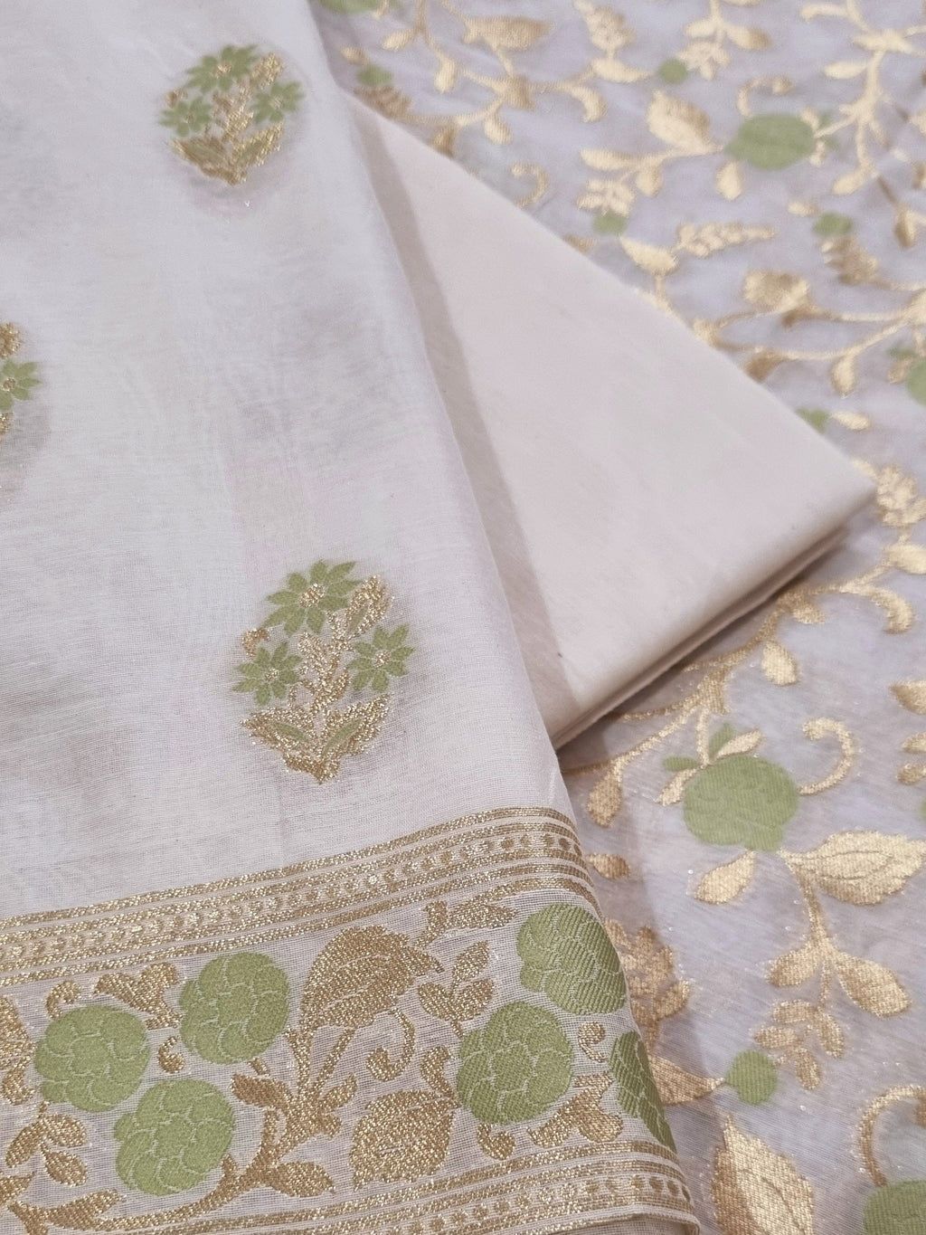 Cream & green Chanderi silk suit with dupatta – close-up detail