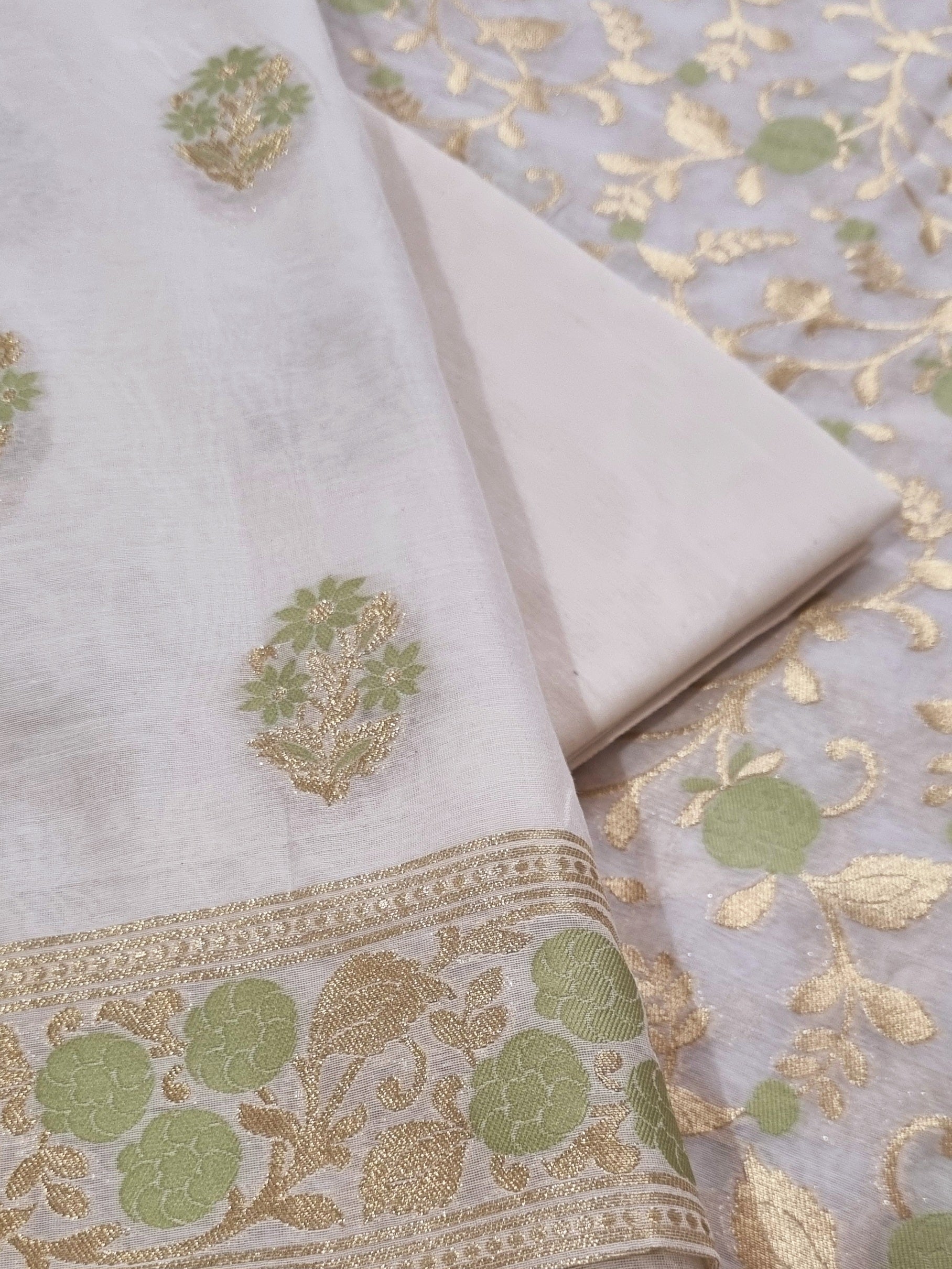 Cream & green Chanderi silk suit with dupatta – close-up detail