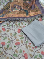 Indian handloom 3-piece jute linen suit set in grey and gold – full look