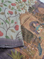 Mughal print dupatta detail – grey gold jute linen unstitched suit set