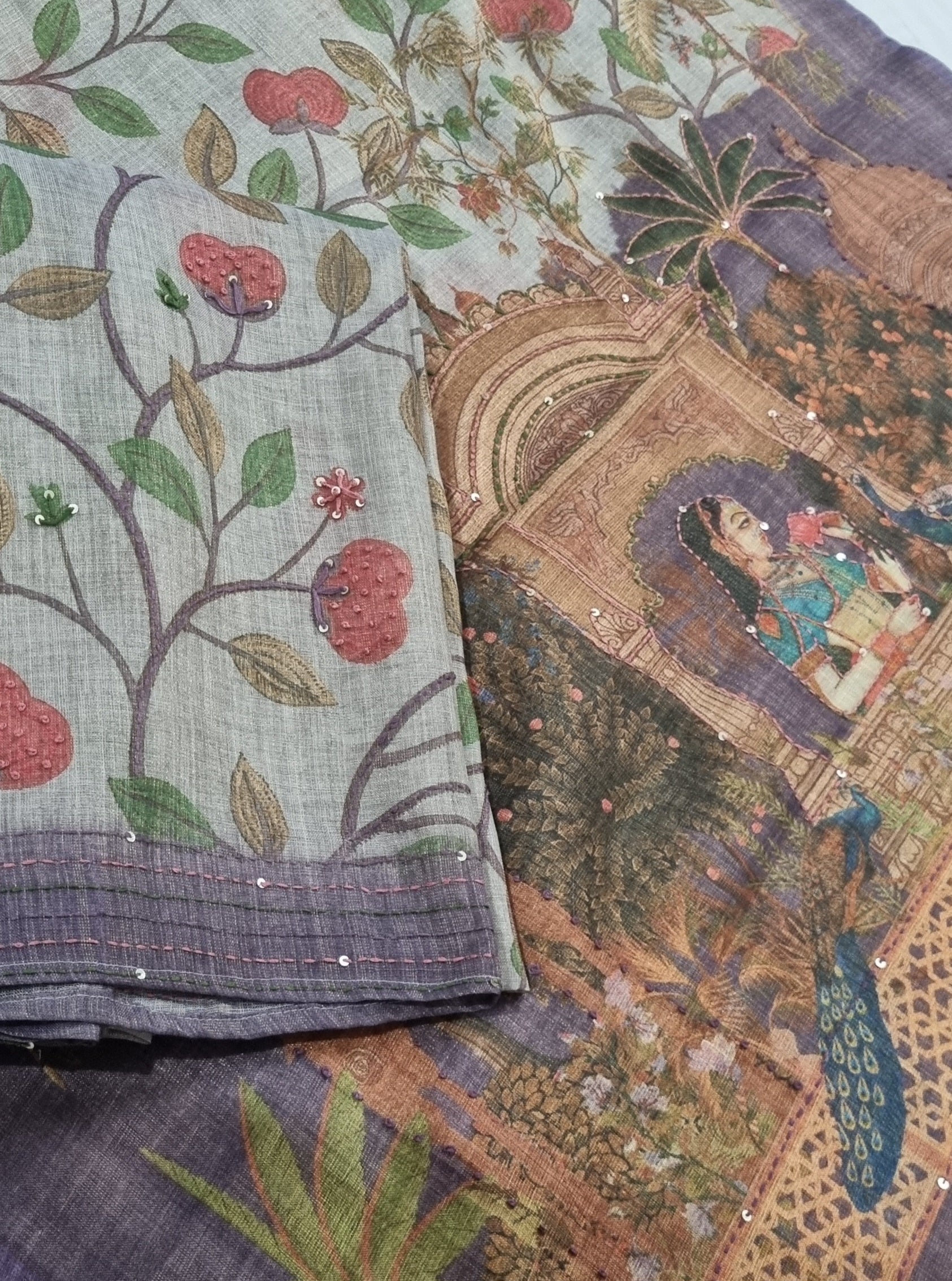 Mughal print dupatta detail – grey gold jute linen unstitched suit set