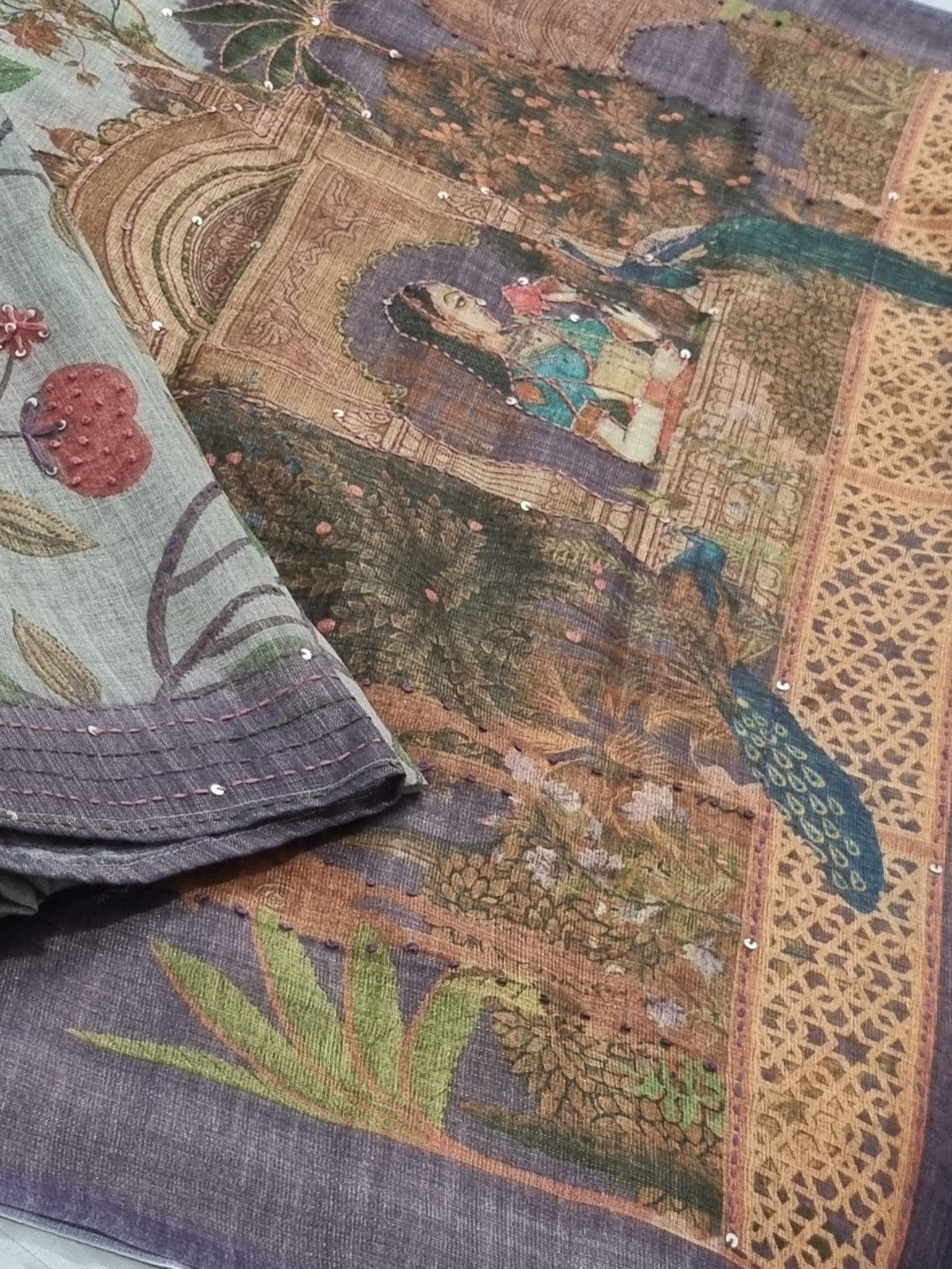 Jute linen unstitched suit fabric close-up – grey gold Mughal print Indian handloom