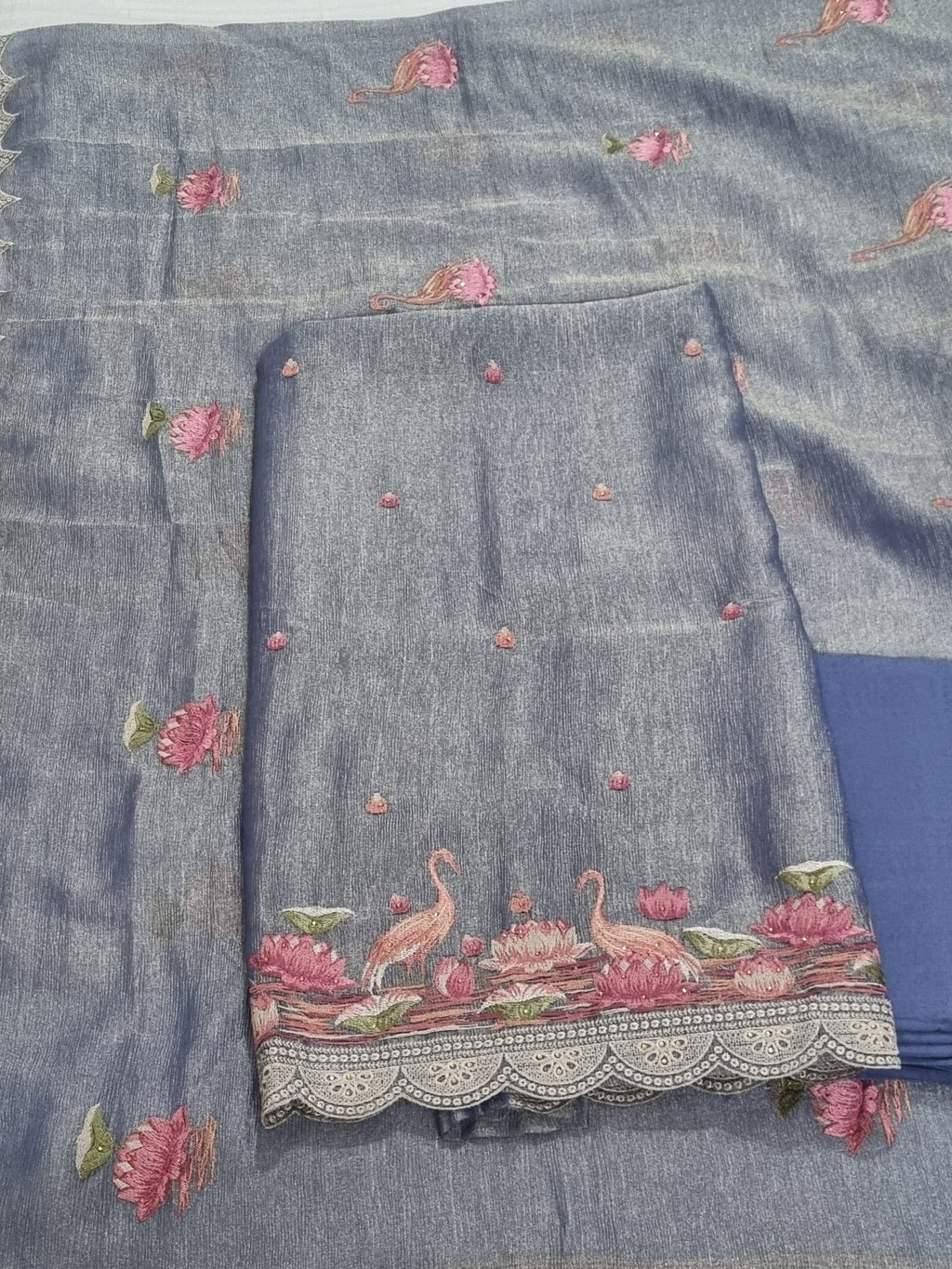Purple silk tissue 3-piece unstitched suit with machine embroidery – Indian handloom
