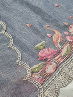 Close-up – handloom silk tissue fabric texture with floral embroidery