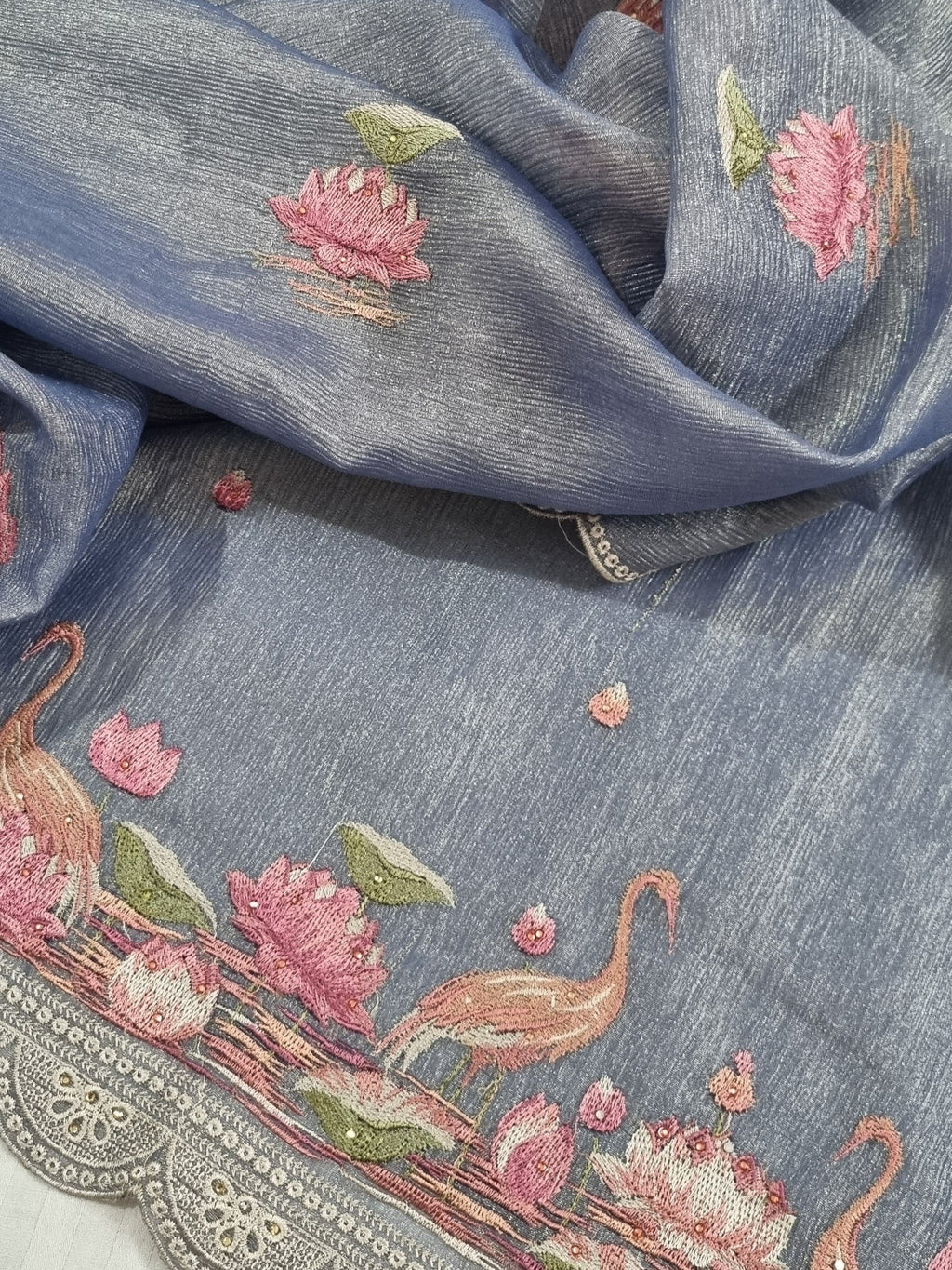Dupatta detail – machine embroidered silk tissue dupatta in purple