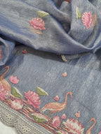 Dupatta detail – machine embroidered silk tissue dupatta in purple