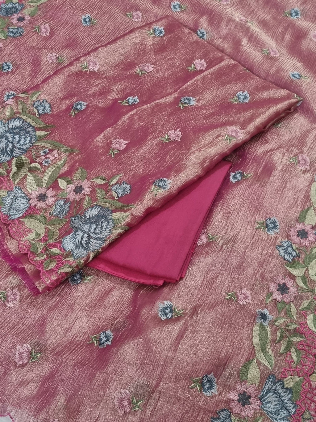 Pink & gold silk tissue 3-piece unstitched suit – Indian handloom with machine embroidery