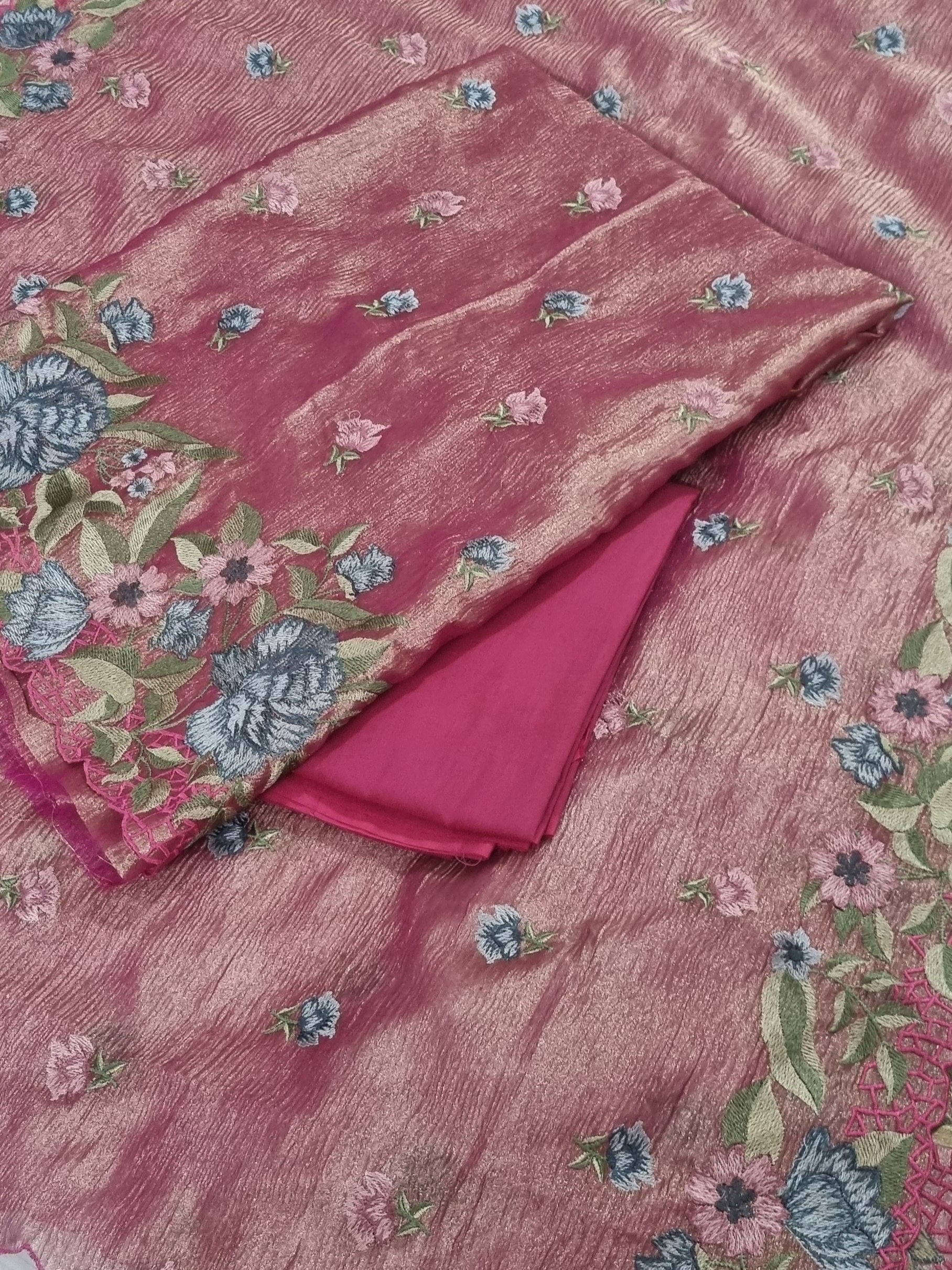 Pink & gold silk tissue 3-piece unstitched suit – Indian handloom with machine embroidery