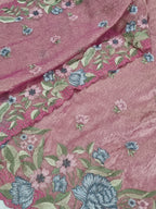 Close-up – intricate floral machine embroidery on pink & gold silk tissue kurta front