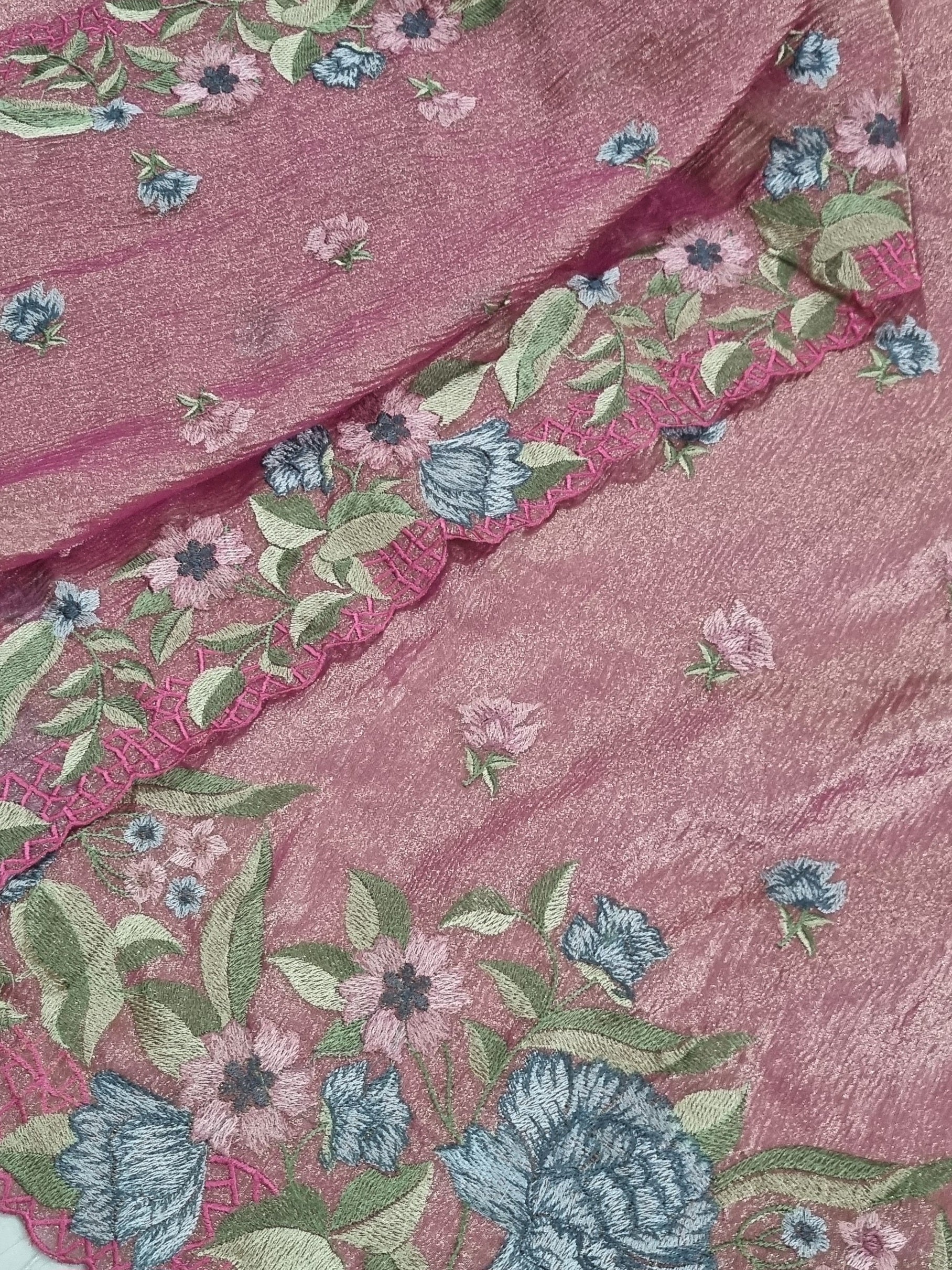 Close-up – intricate floral machine embroidery on pink & gold silk tissue kurta front