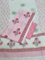 White and Pink Block Print Cotton 3-Piece Unstitched Suit – Full Length View