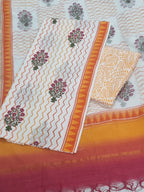Block Print Cotton Suit Fabric Close-Up – White Orange & Red Unstitched 3-Piece Set