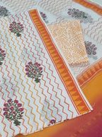 Kota Doria Dupatta with Mughal Block Print Cotton Suit – White Orange & Red Handloom Set