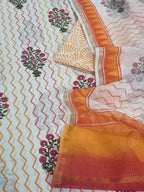 Mughal Block Print Cotton Unstitched Suit Set – White Orange & Red Indian Handloom Fabric Detail