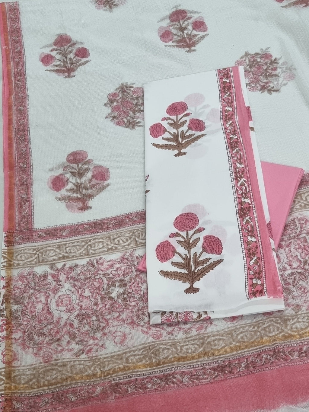 Pink & White Mughal Floral Block Print Kameez – Indian Handloom Cotton