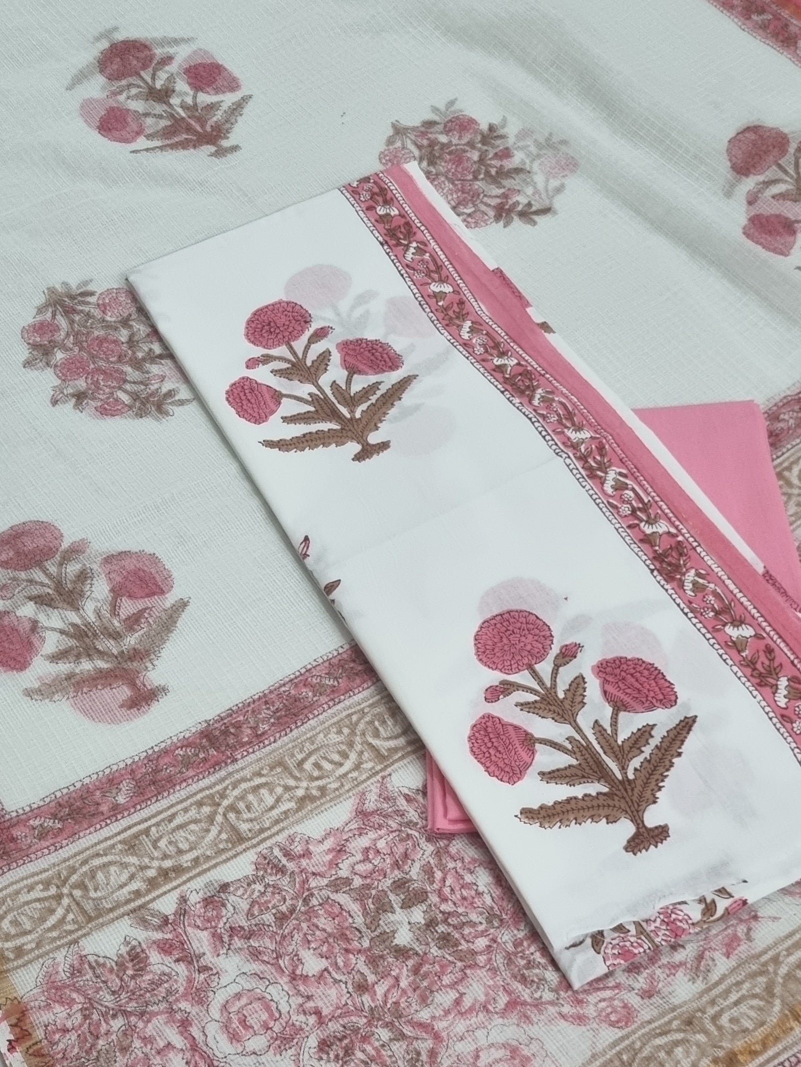 3-Piece Unstitched Suit Set with Kota Doria Dupatta – Mughal Block Print