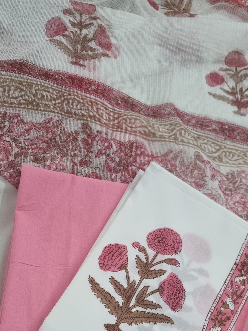 Hand Block Print Cotton Suit Material – Pink White Mughal Motifs