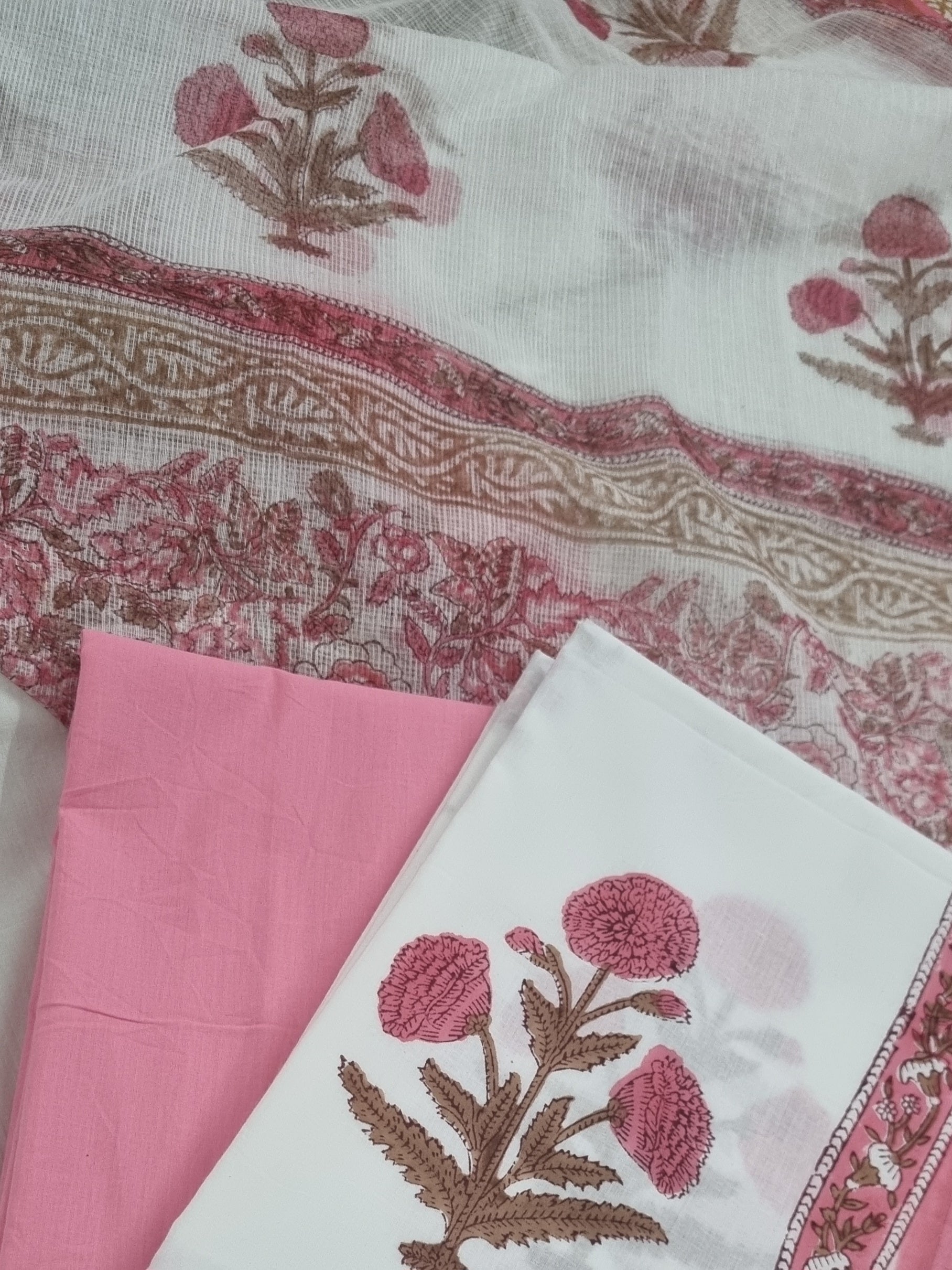 Hand Block Print Cotton Suit Material – Pink White Mughal Motifs
