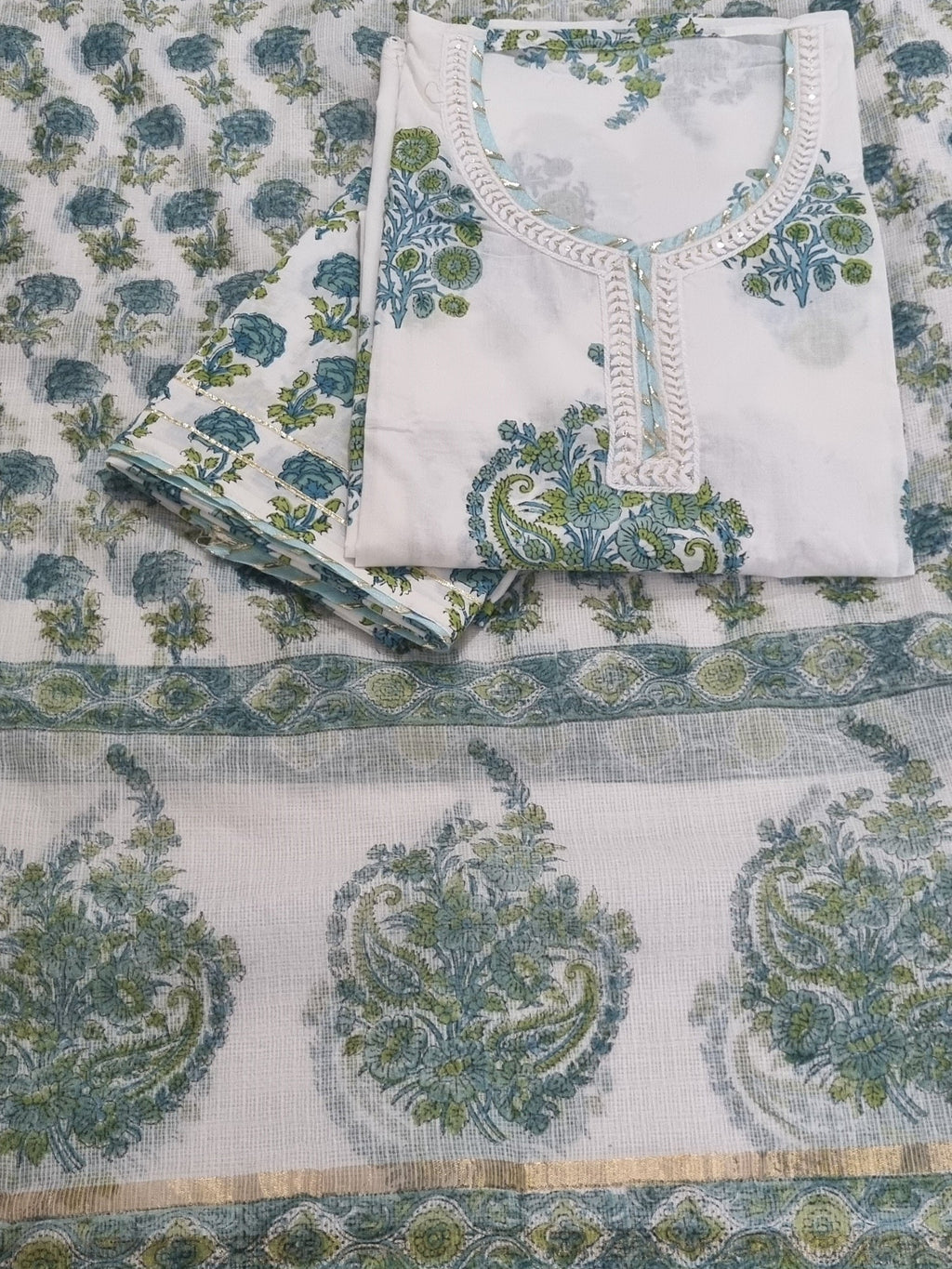 Powder Blue Gota Patti Block Print Cotton 3-Piece Unstitched Suit Set – Indian Handloom – Styled View