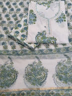 Powder Blue Gota Patti Block Print Cotton 3-Piece Unstitched Suit Set – Indian Handloom – Styled View