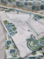 Powder Blue Gota Patti Embellished Neckline Detail – Block Print Cotton Unstitched Suit