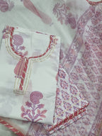 Gota Patti Neckline Detail – Fuchsia Pink Block Print Cotton Unstitched Suit