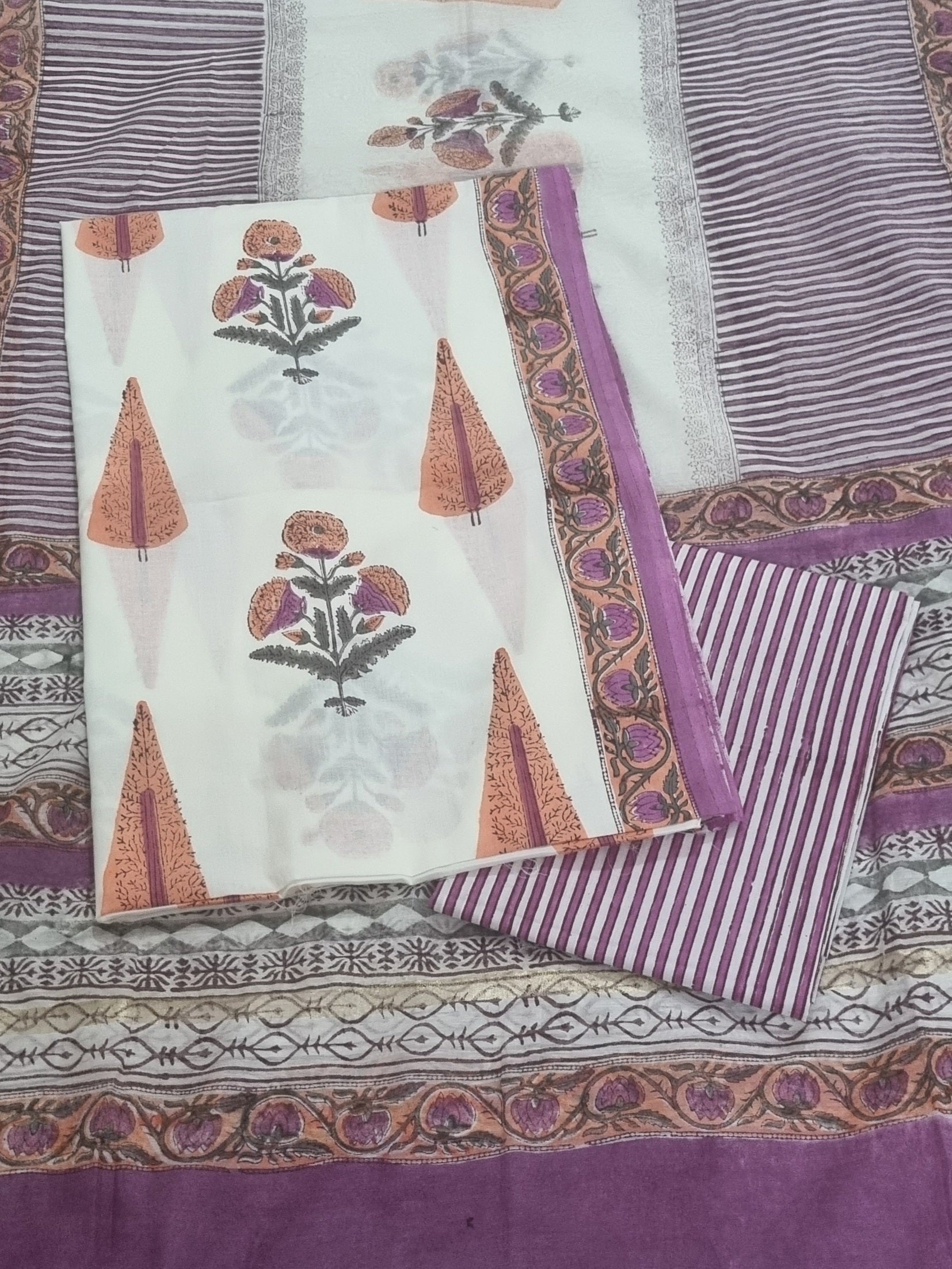 Chanderi silk dupatta with Mughal block print cotton unstitched suit set – close-up