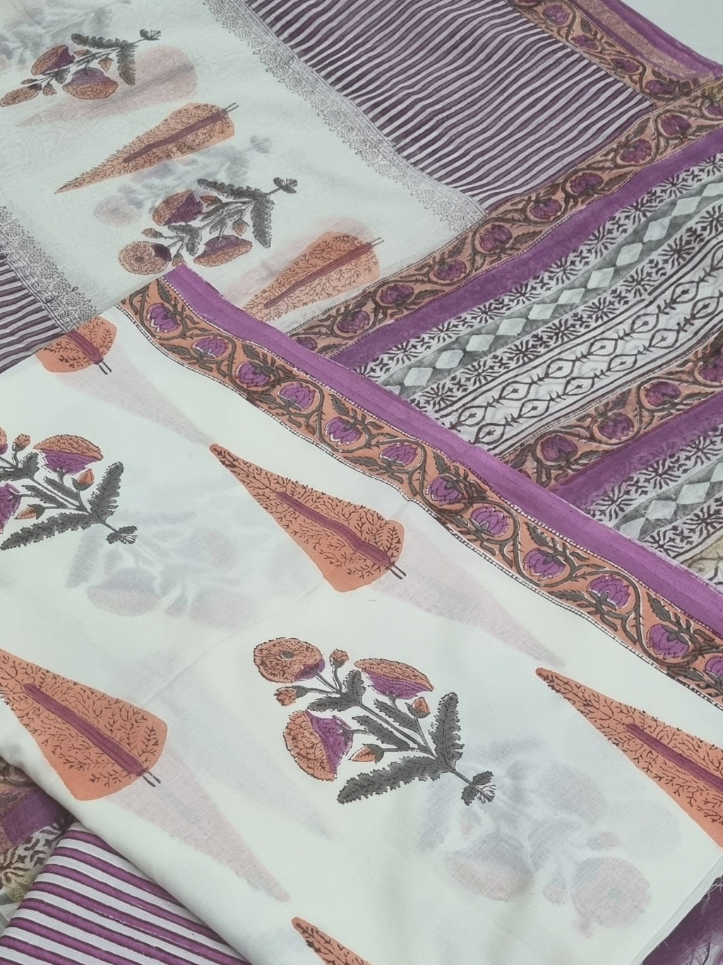 Mughal block print unstitched suit set with Chanderi silk dupatta – side view