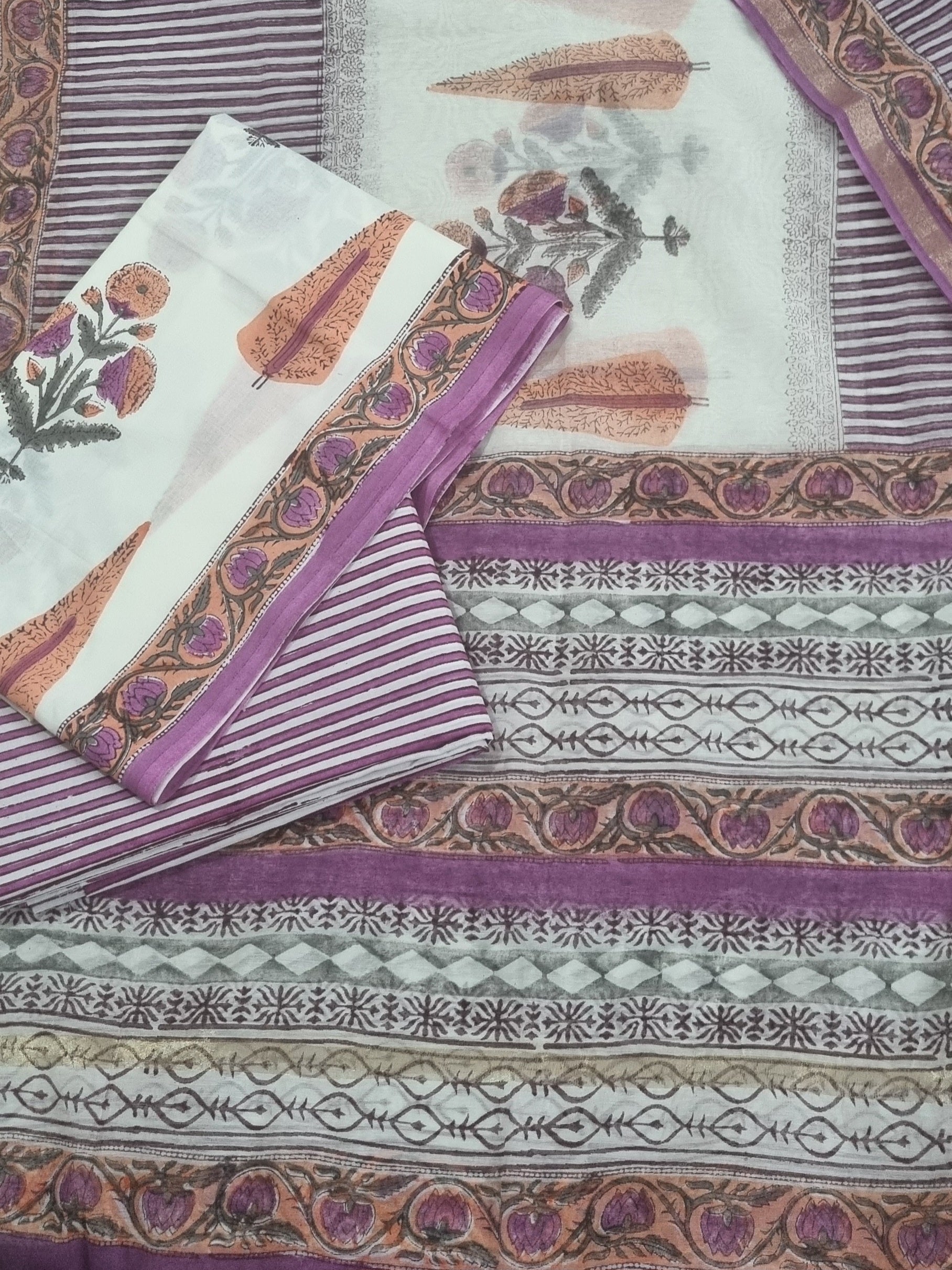 Mughal block print cotton 3-piece unstitched suit with Chanderi silk dupatta – detail view