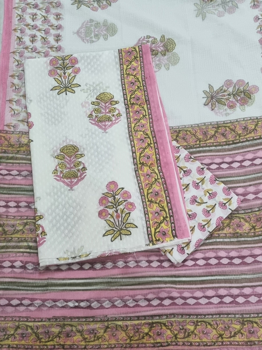 Block Print Cotton Suit Fabric Close-Up – White & Pink Unstitched 3-Piece Set