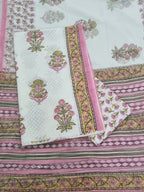 Block Print Cotton Suit Fabric Close-Up – White & Pink Unstitched 3-Piece Set