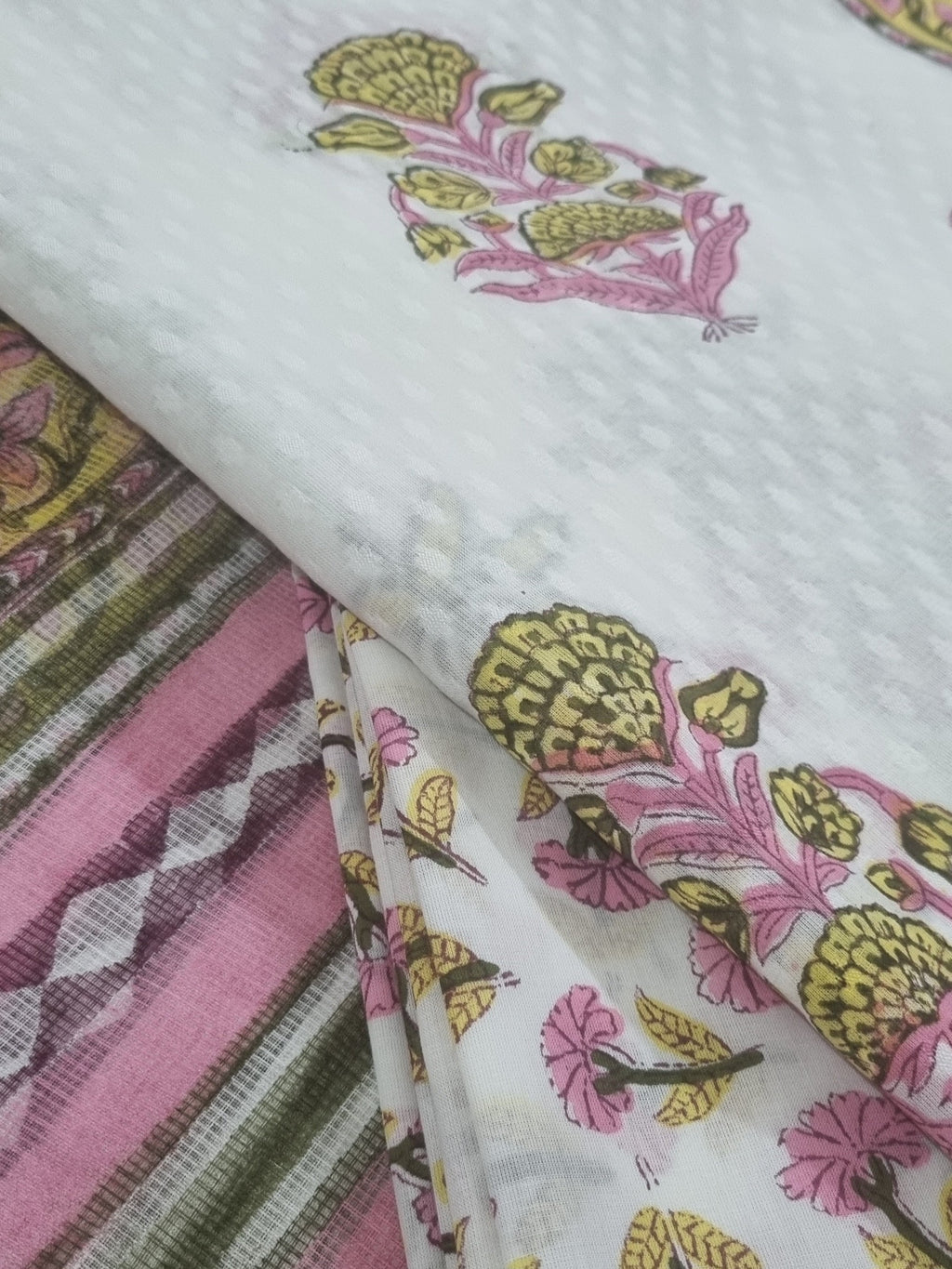 Floral Block Print Cotton Unstitched Suit Set – White & Pink Indian Handloom Fabric Detail