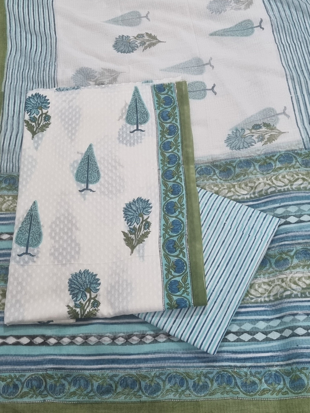 Cotton 3-Piece Unstitched Suit with Mughal Block Print – White & Blue – Front View