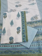 Cotton 3-Piece Unstitched Suit with Mughal Block Print – White & Blue – Front View