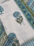 Floral Block Print Kurta Fabric – White Blue Green – Close-up Detail