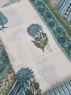Floral Block Print Kurta Fabric – White Blue Green – Close-up Detail