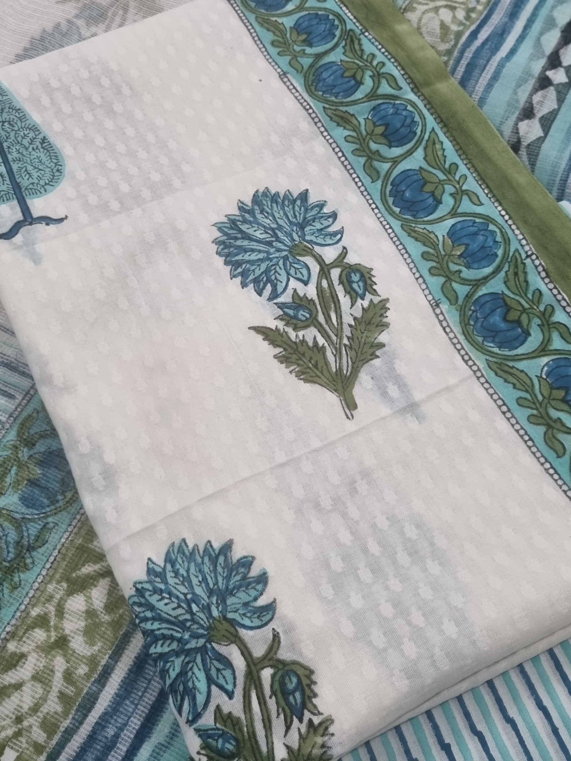 Floral Block Print Kurta Fabric – White Blue Green – Close-up Detail