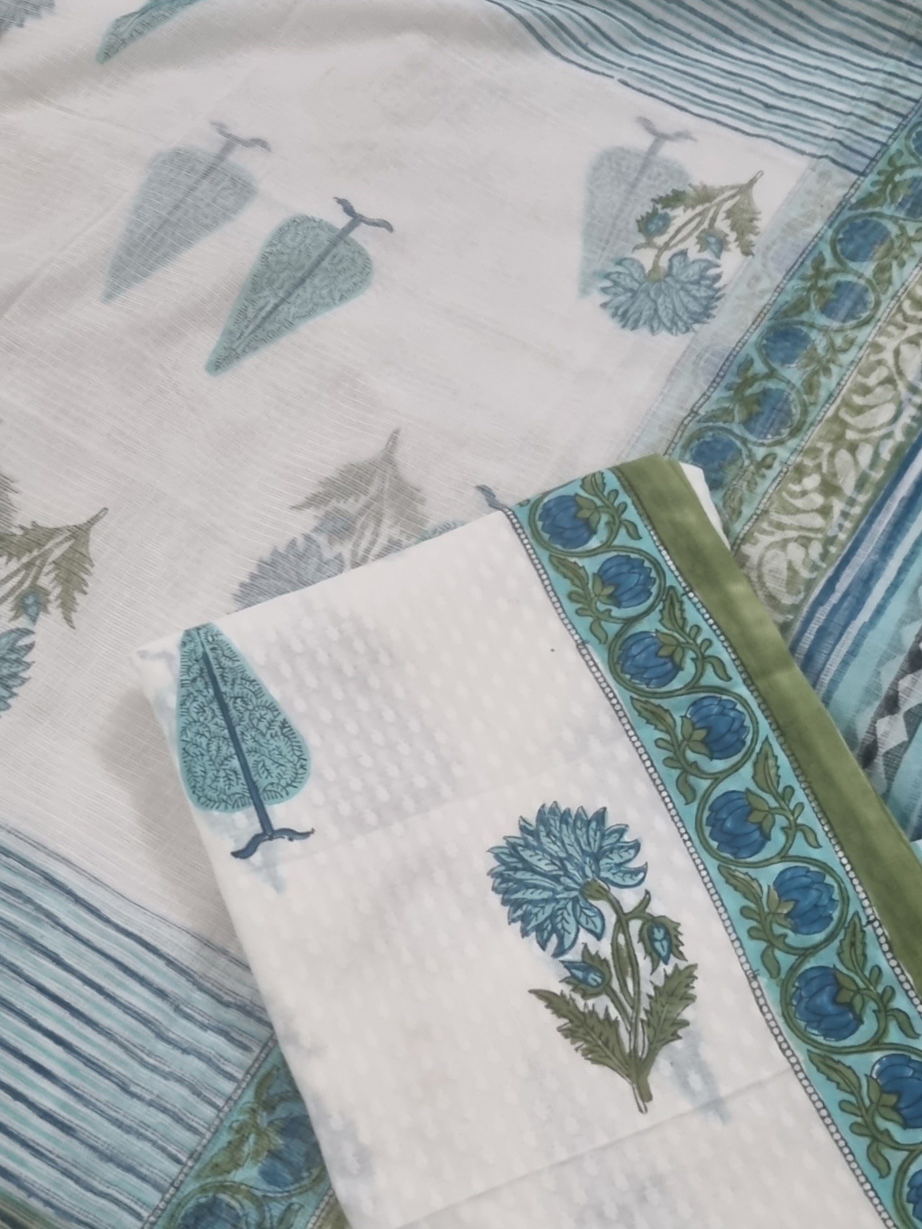 Cotton Unstitched Suit Set – Mughal Floral Print – Blue Green White – Full View