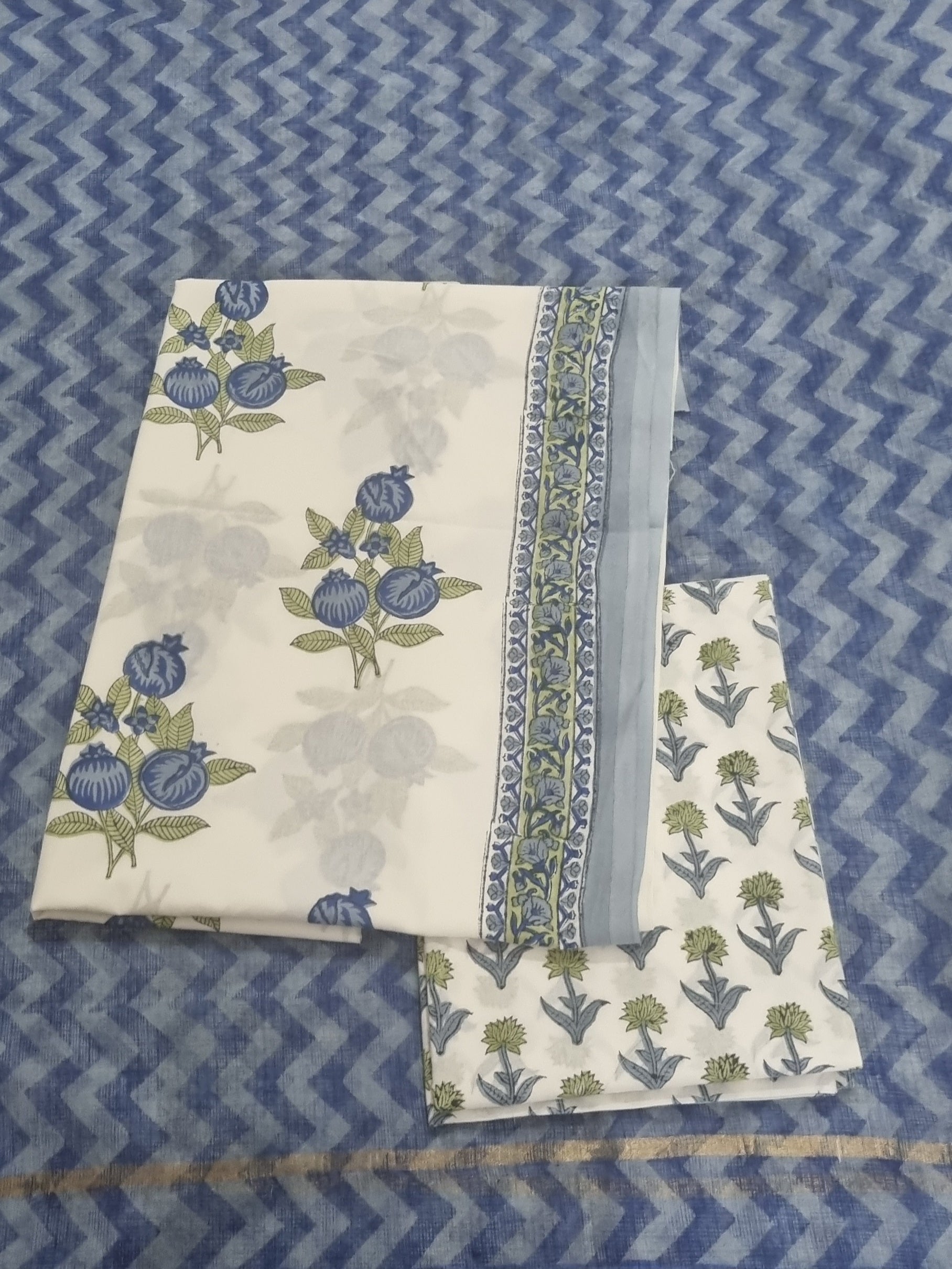 Block Print Cotton Suit Fabric Close-Up – White & Blue Unstitched 3-Piece Set