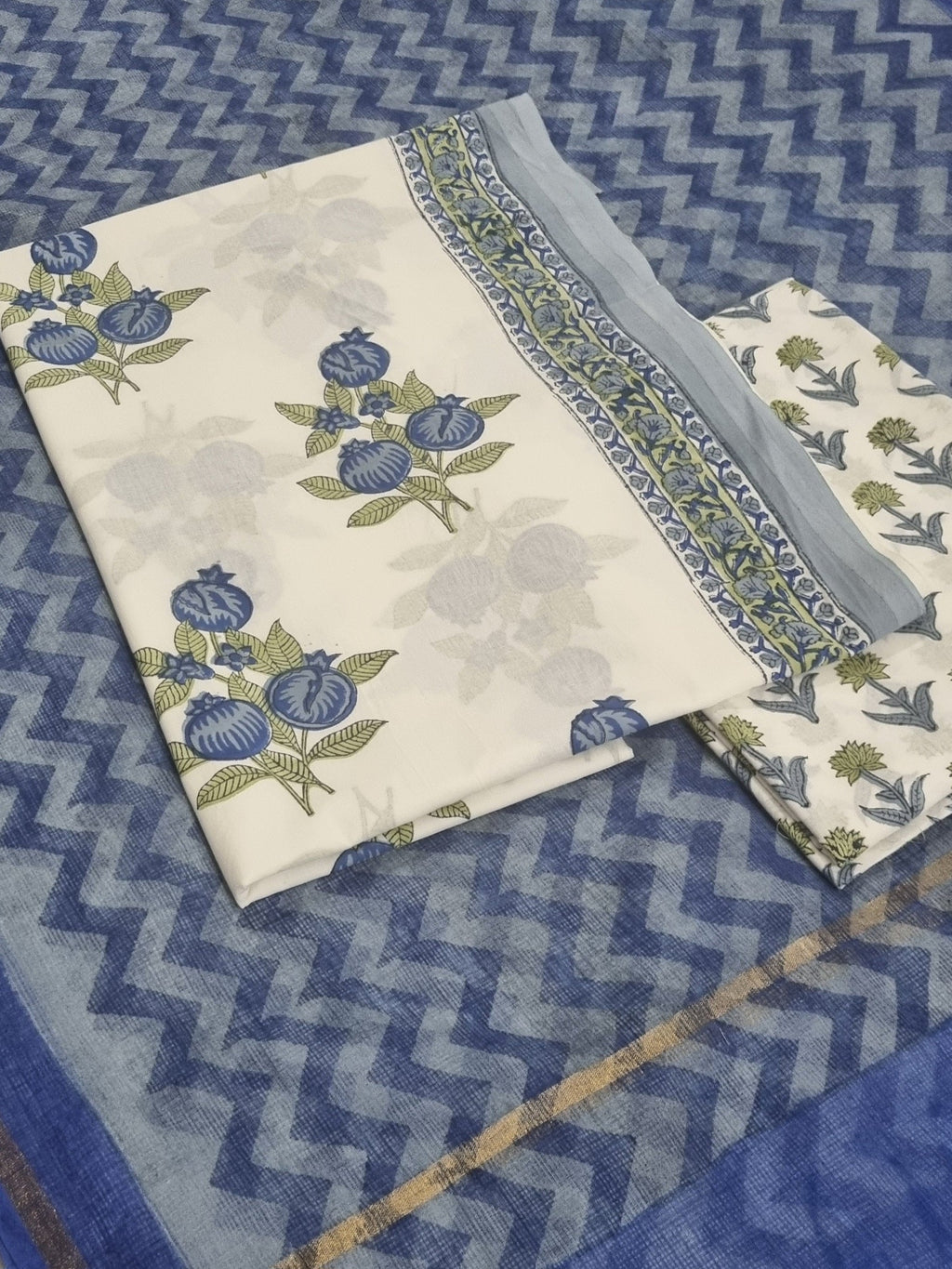 Kota Doria Dupatta with Pomegranate Block Print Cotton Suit – White & Blue Handloom Set