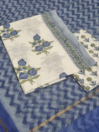 Kota Doria Dupatta with Pomegranate Block Print Cotton Suit – White & Blue Handloom Set