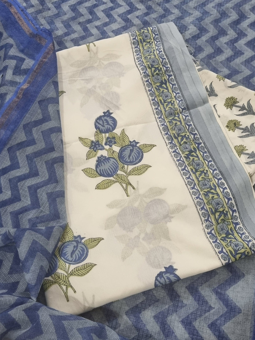 Pomegranate Block Print Cotton Unstitched Suit Set – White & Blue Indian Handloom Fabric Detail