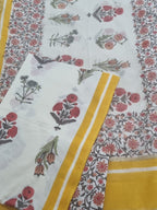 Mughal block print cotton 3-piece unstitched suit set with Chanderi silk dupatta – flat lay