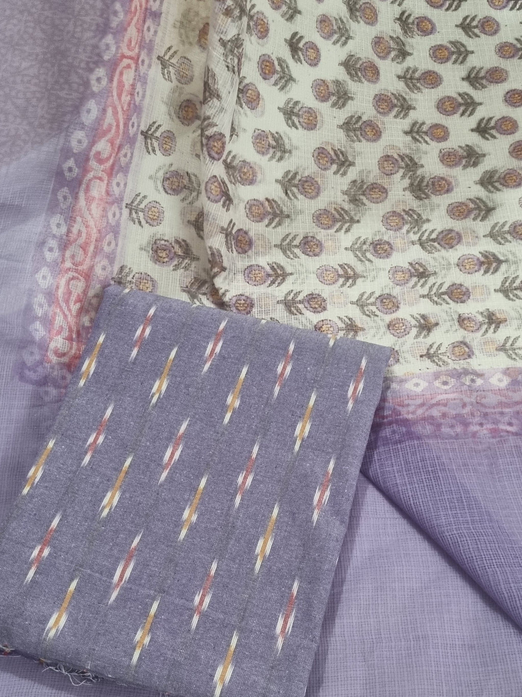Ikat kurta fabric with Kota block print dupatta – purple and cream detail shot