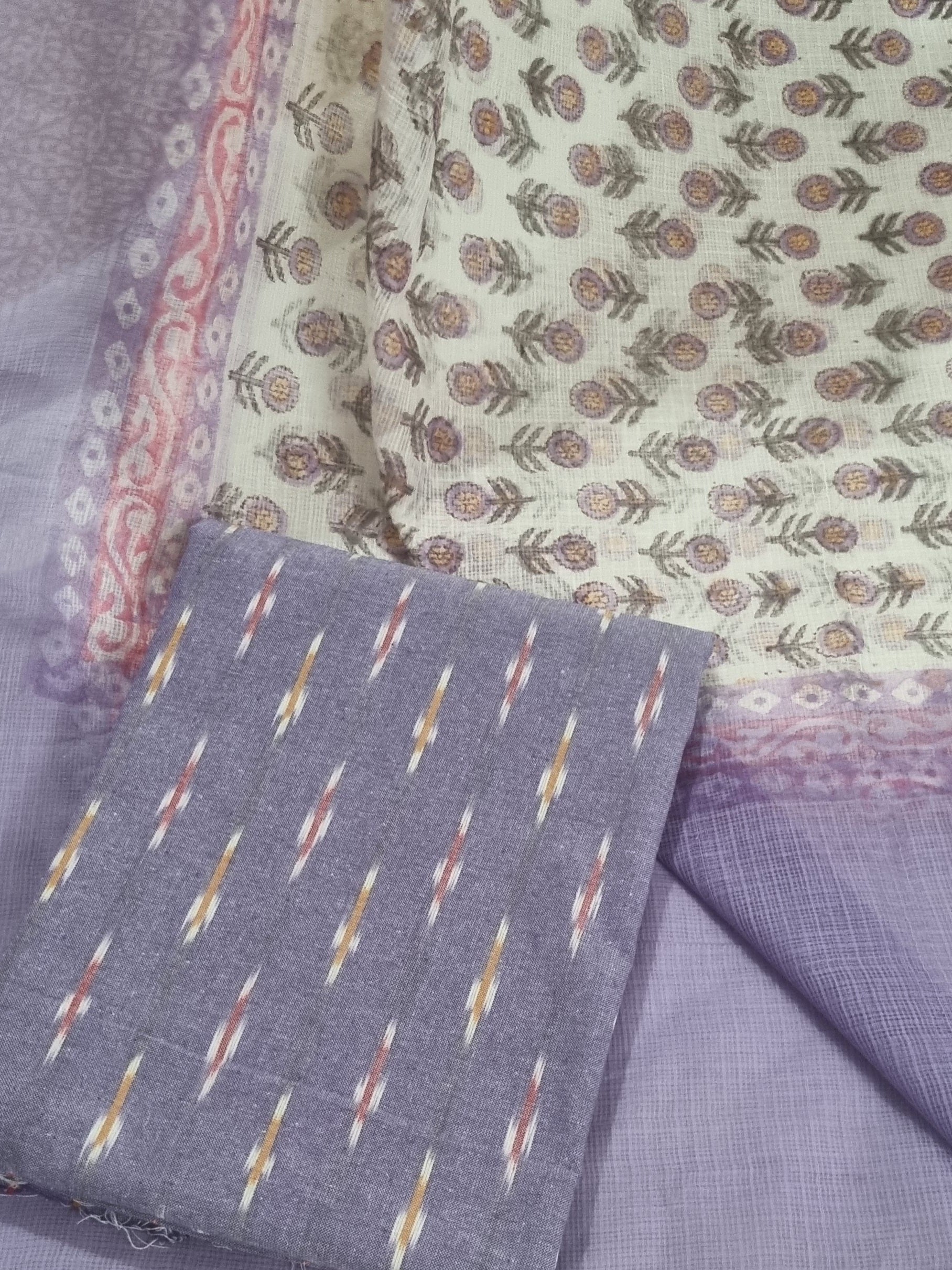 Ikat kurta fabric with Kota block print dupatta – purple and cream detail shot
