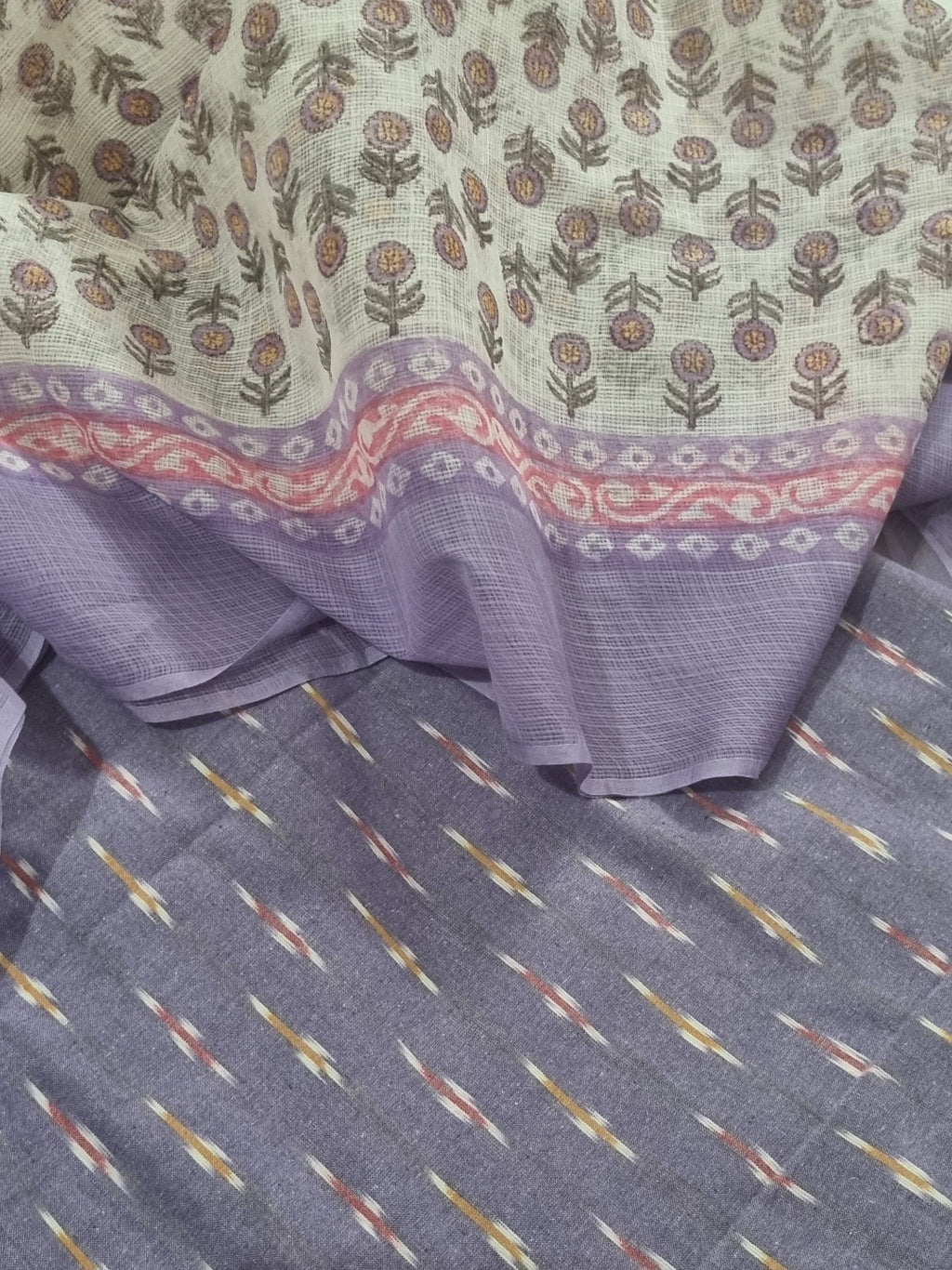 Indian handloom ikat suit material in purple and cream – fabric close-up