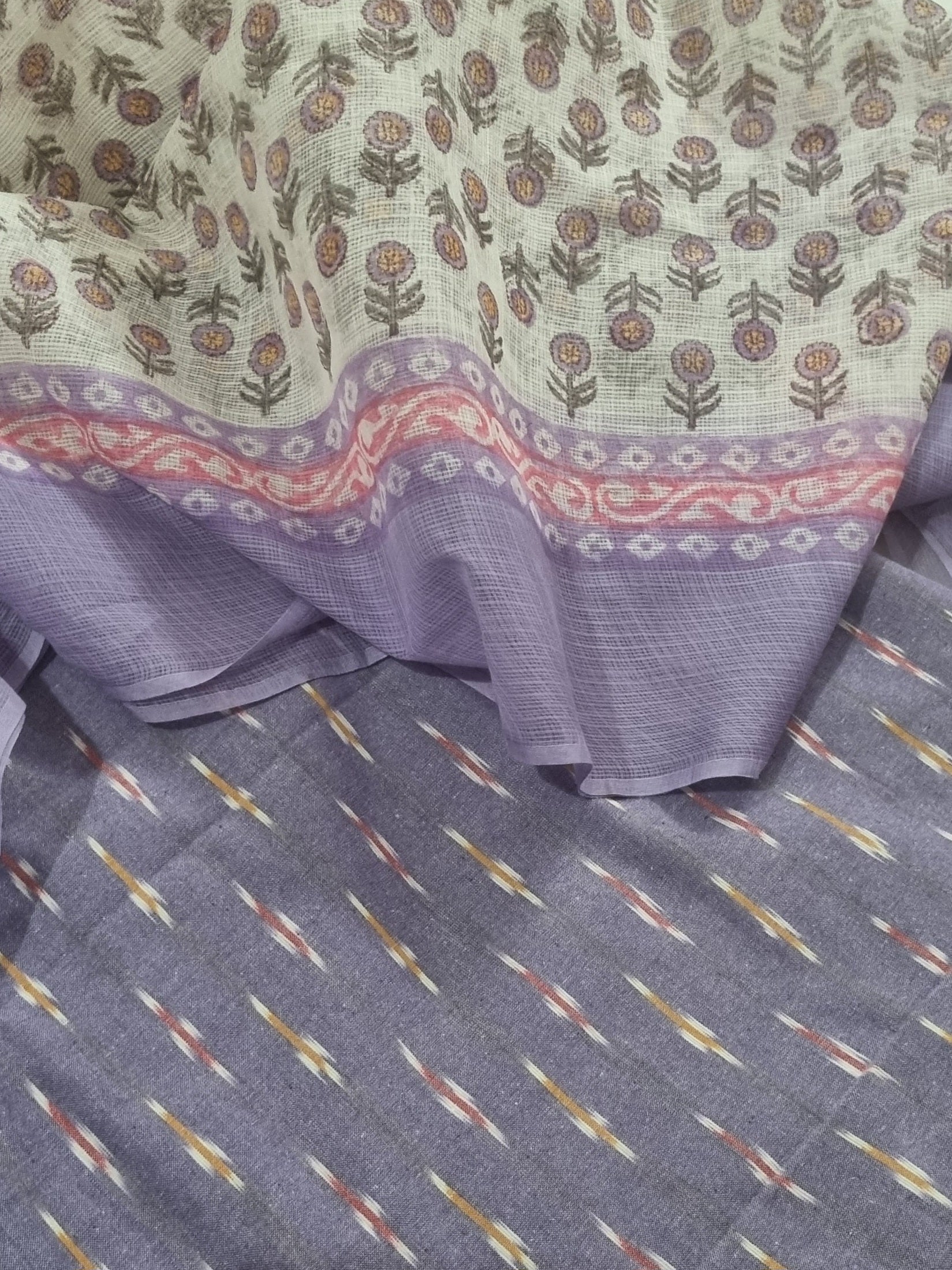 Indian handloom ikat suit material in purple and cream – fabric close-up