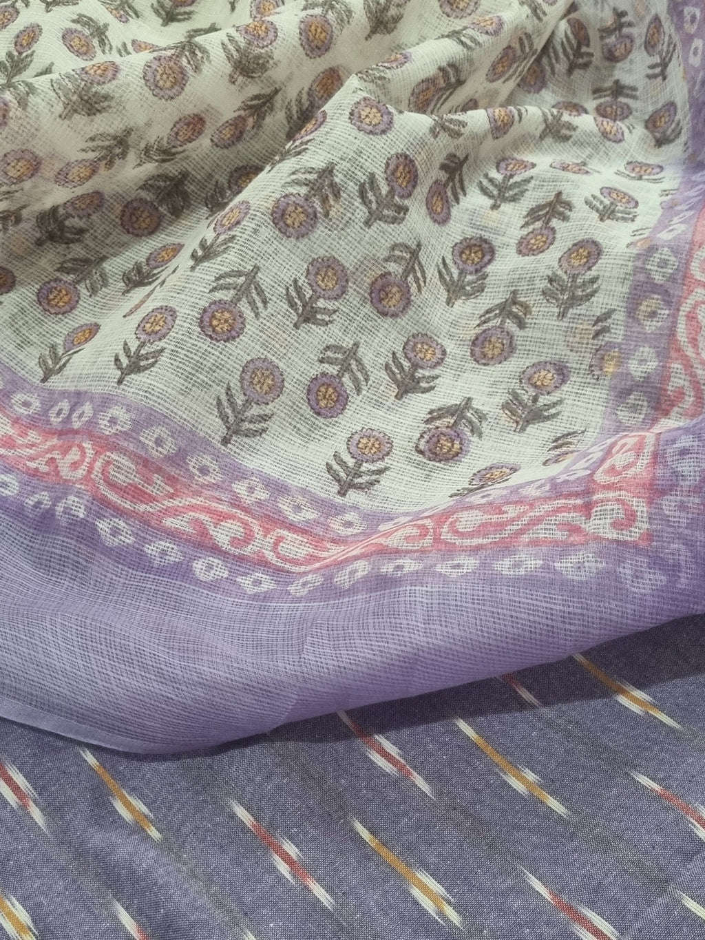 Unstitched ikat salwar kameez with Kota dupatta – purple cream, full drape view