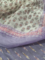 Unstitched ikat salwar kameez with Kota dupatta – purple cream, full drape view